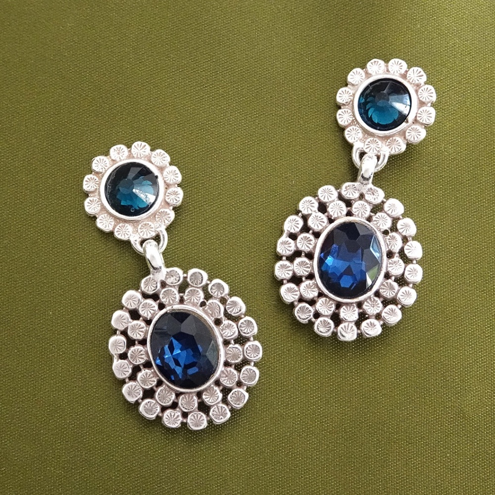 Oval Drop Earrings, Blue Crystal Cente , Old Hollywood Glam, Wedding, NWT